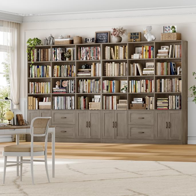 HOSTACK 71" Tall Triple Wide Bookshelf with Storage Drawers & Doors, Grey