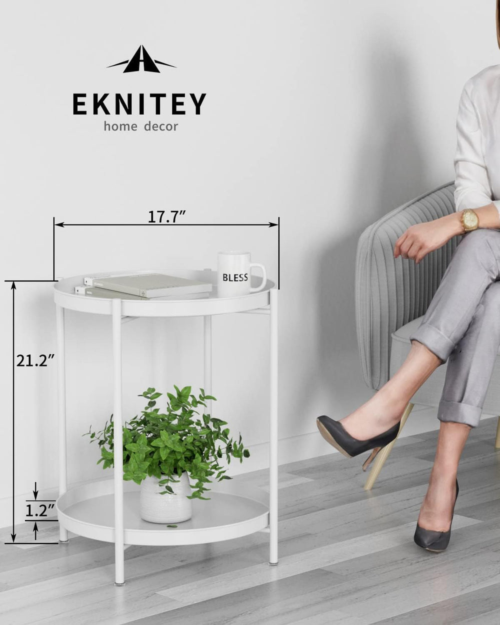 EKNITEY 2 Tier End Table - Metal Side Table with Removable Tray (White)