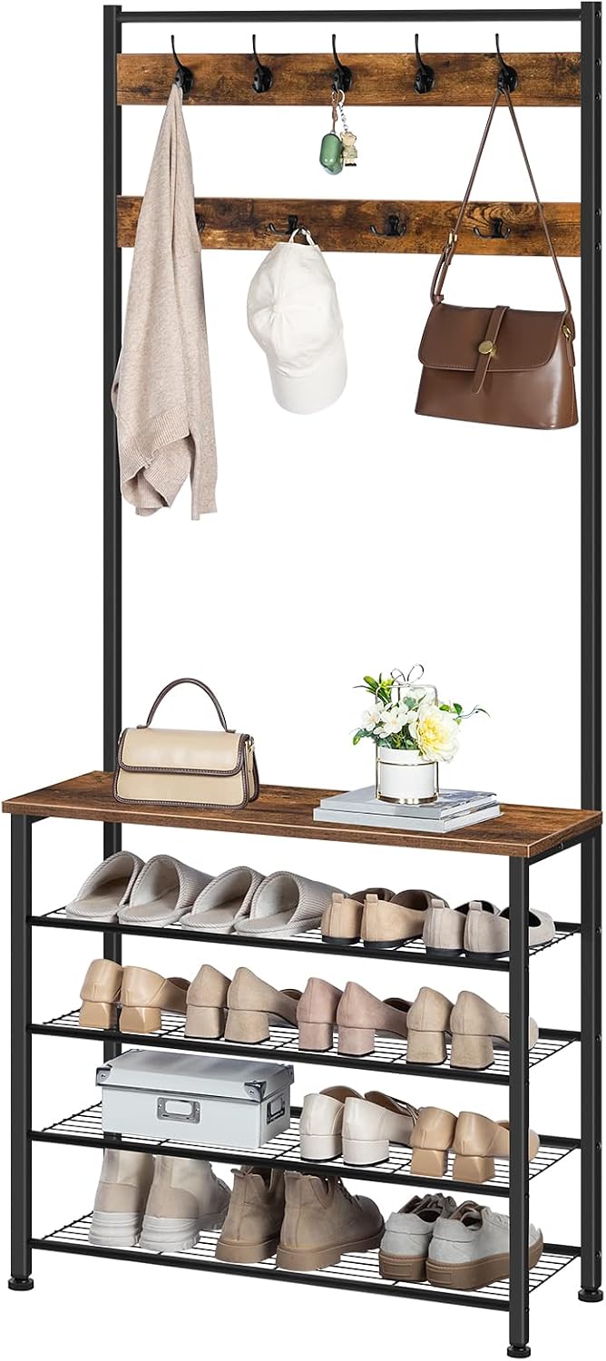 HOOBRO Hall Tree, Coat Rack with Shoe Rack, Hall Tree with Bench, 5 Tier Shoe...