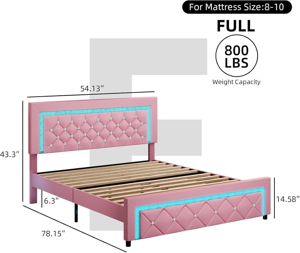 BarnFurin Full Bed Frame with LED Lights, Diamond Tufted Headboard, Pink