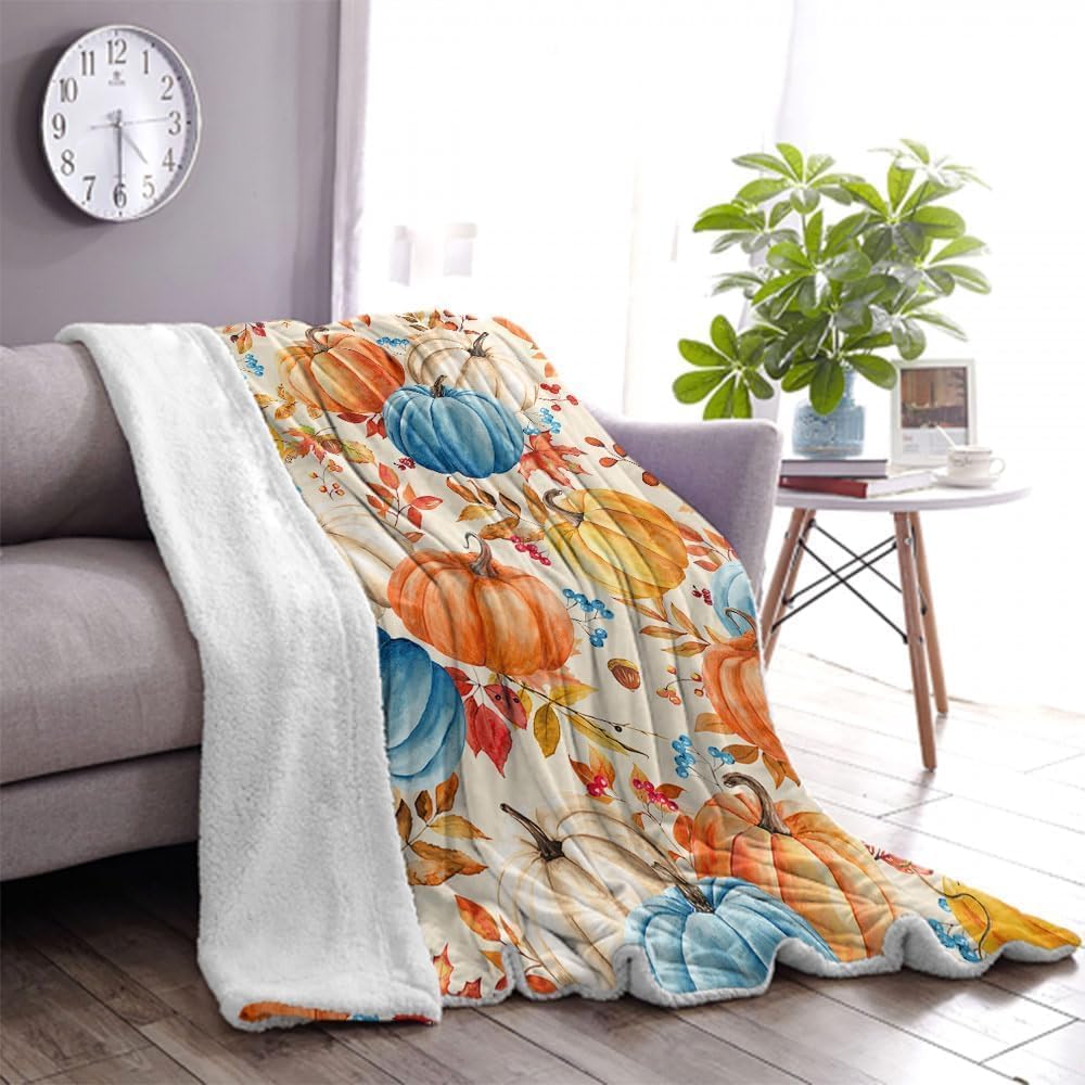 Fall Pumpkins Throw Blanket, Autumn Orange White Blue Pumpkins Leaves and Ber...