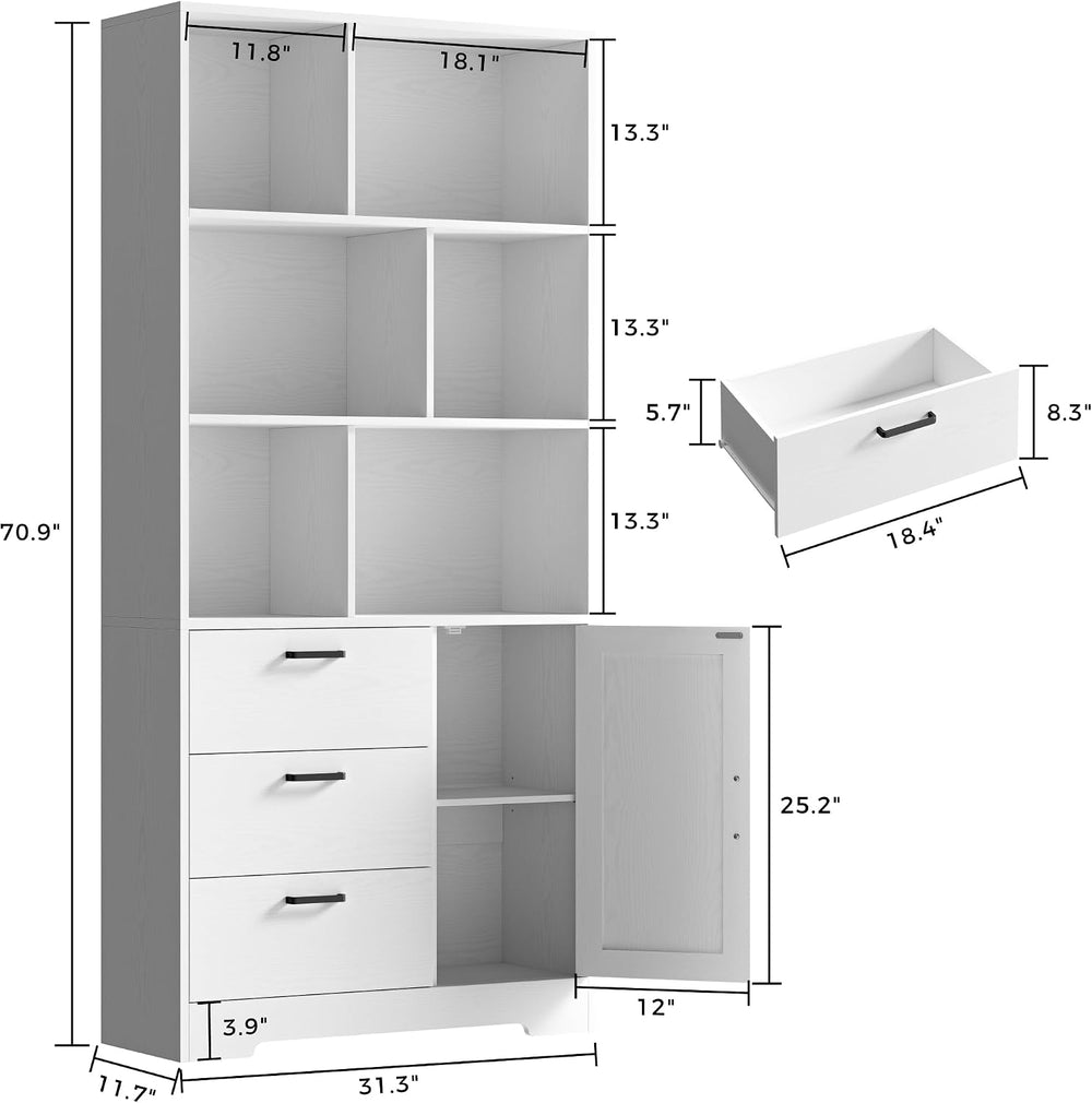 IRONCK 70.9-Inch Bookcase with Doors and 3 Drawers, White