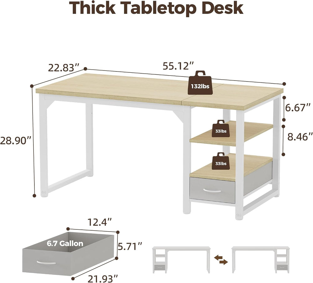 Mericonia 54" Reversible Computer Desk with Drawer, 1" Thick Office...
