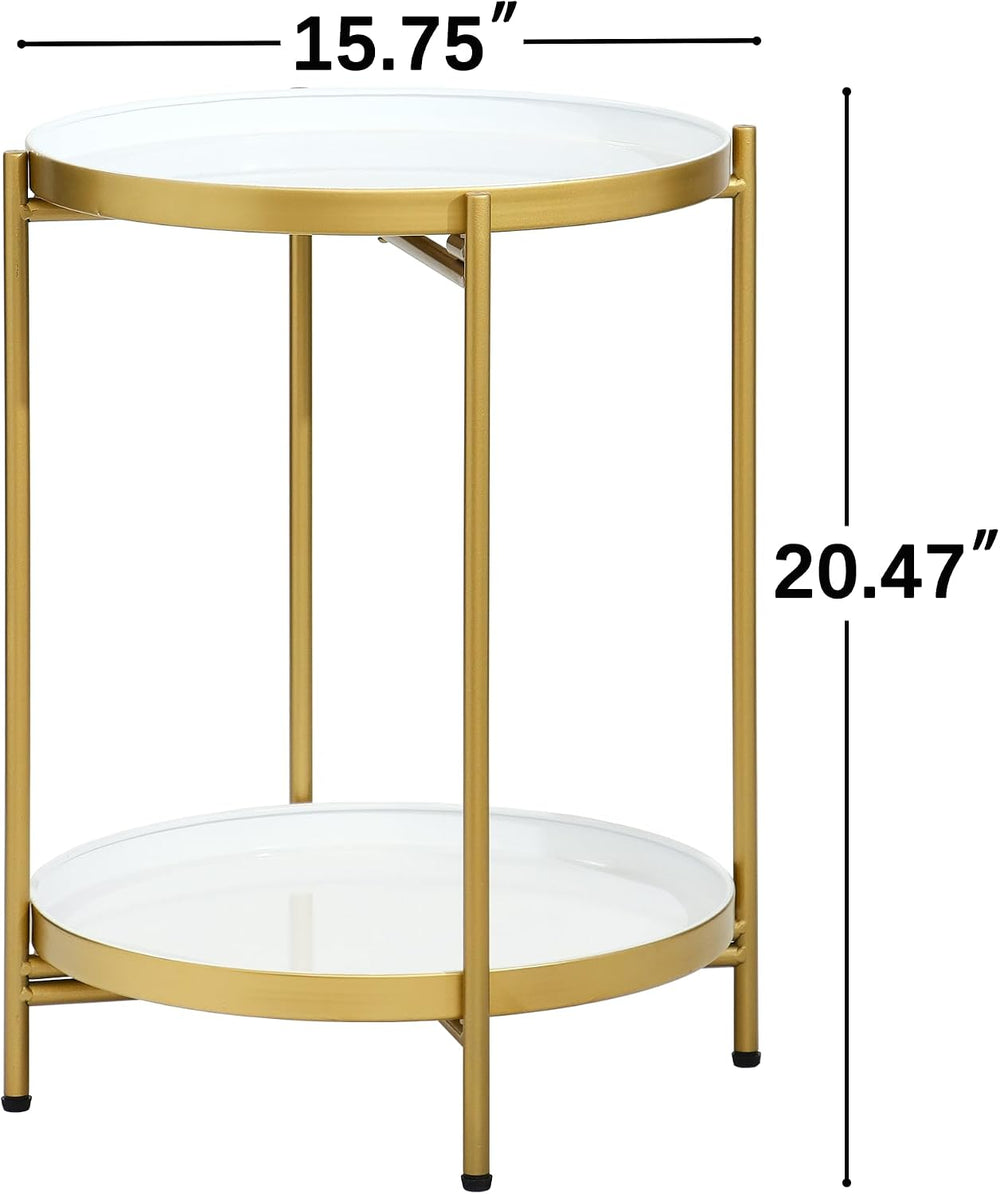 2-Tier Round End Side Table, Small Metal Side Table with Removable Tray, Fold...