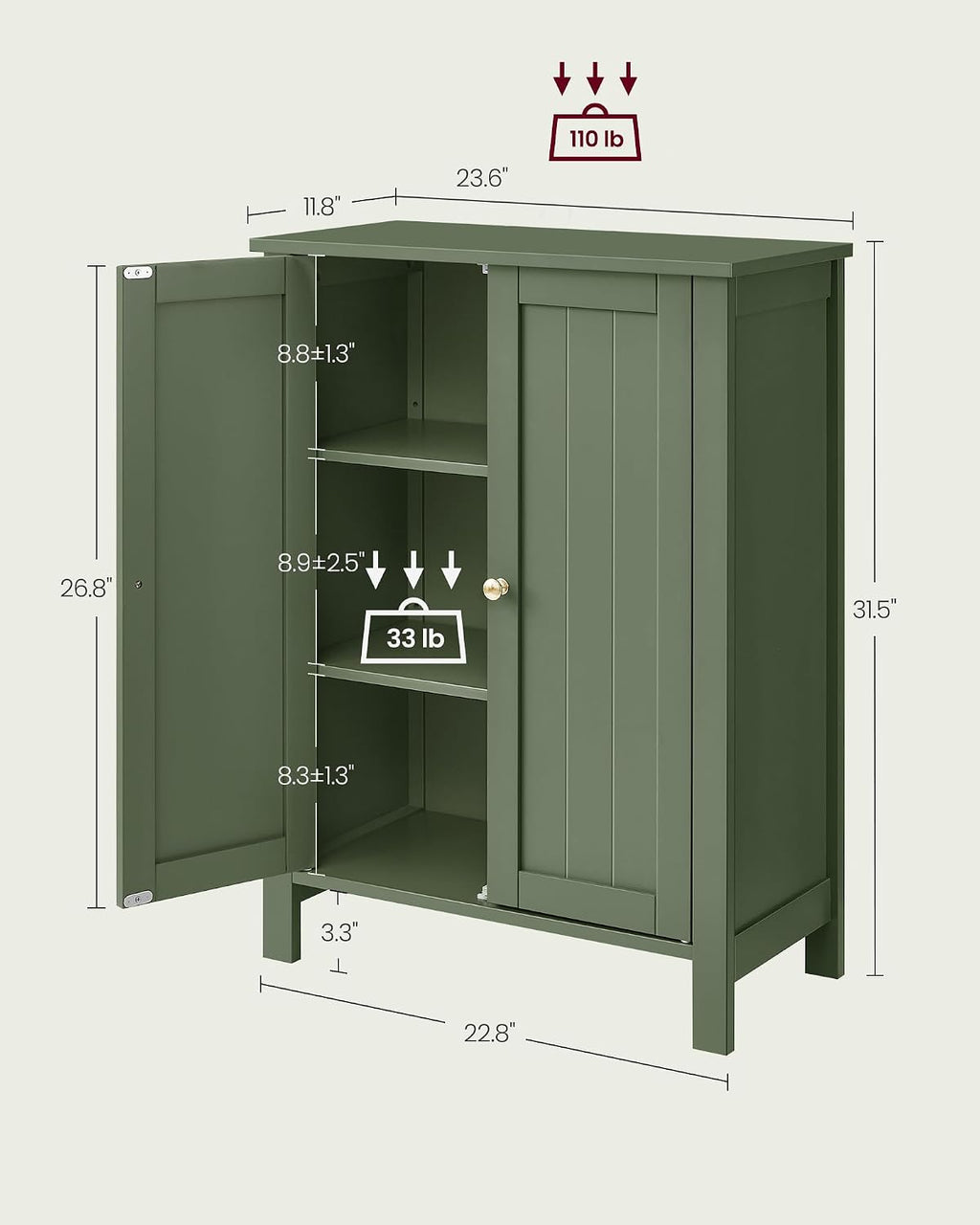 VASAGLE Bathroom Floor Storage Cabinet, 2 Adjustable Shelves, Forest Green