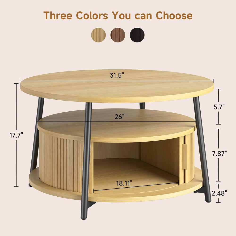 ONBRILL 31.5" Round Coffee Table with Storage and 2 Tiers, Oak
