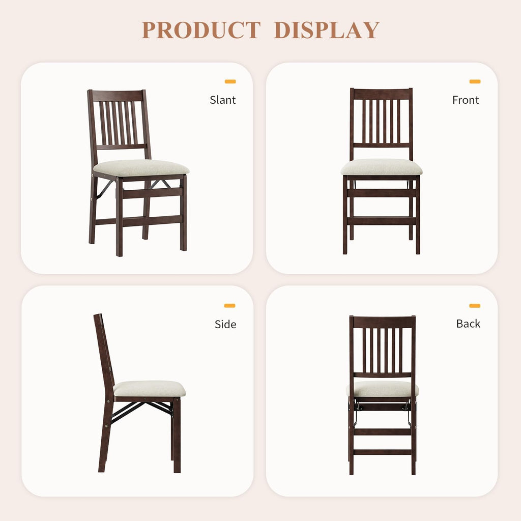 Folding Wood Dining Chairs Set of 2 – No Assembly, Beige Fabric Cushion