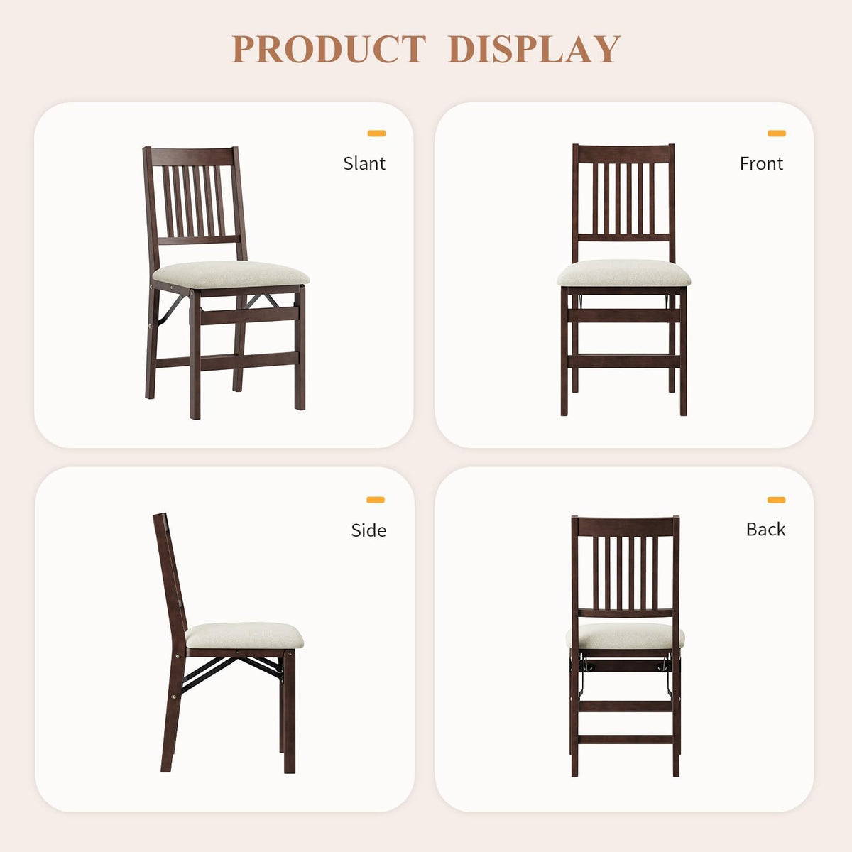 Folding Wood Dining Chairs Set of 2 – No Assembly, Beige Fabric Cushion
