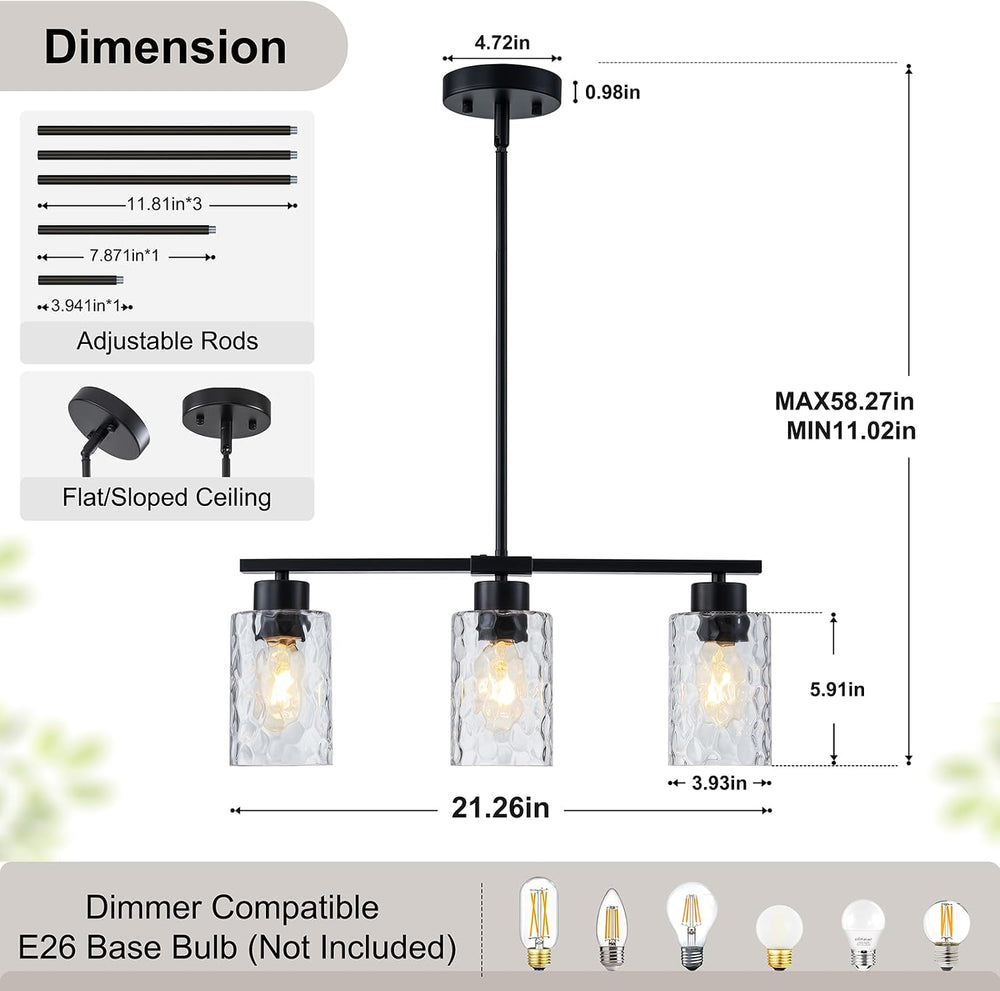 Hammered Glass Chandeliers for Dining Room, Black Kitchen Island Lighting