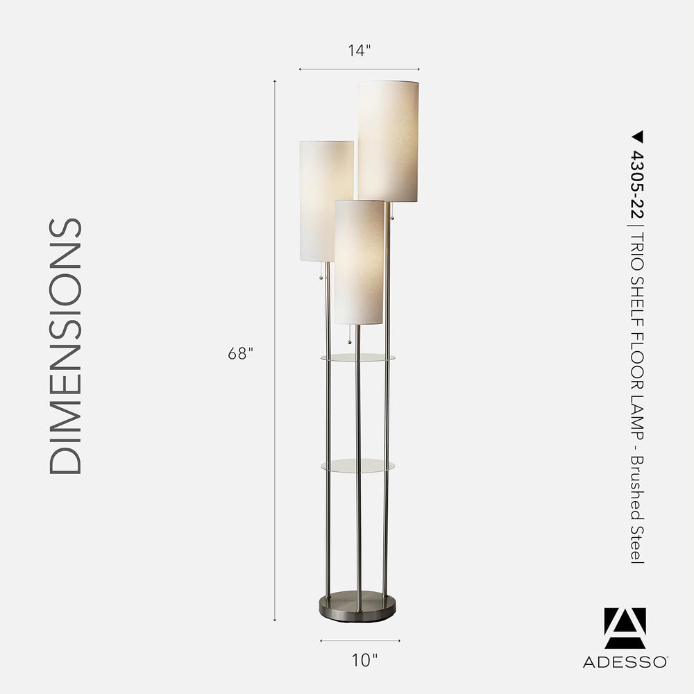Adesso 3-Light Shelf Floor Lamp, Brushed Steel & White, Storage, 68”