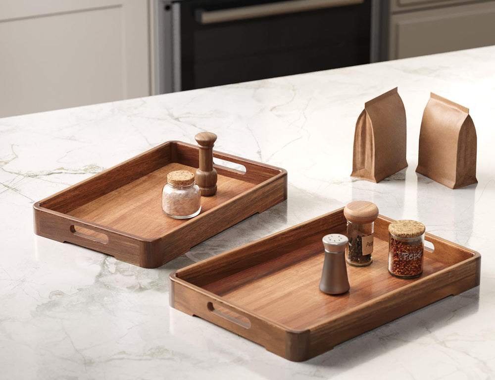 Acacia Wood Set of 2 Rounded Corners Serving Trays with Handles