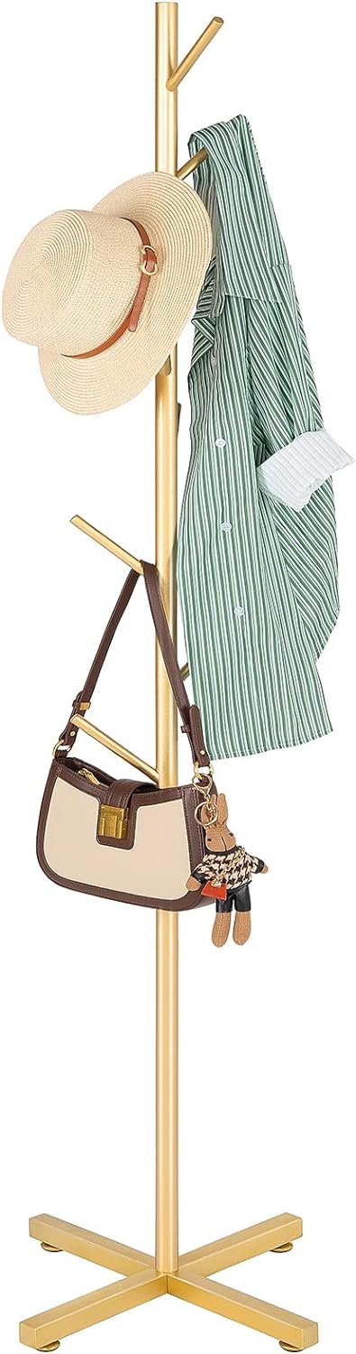 ZOZOE Coat Rack with 8 Hooks, Golden Adjustable Coat Rack Stand
