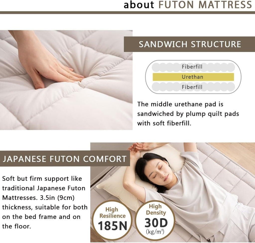 EMOOR Japanese Futon Mattress & Wood Slatted Bed Set Machi-OSMOS Twin (Coffee-Brown), Solid Pine 3-Heights Adjustable Easy-Assemble Japanese Sleeping Bed Tatami Mat