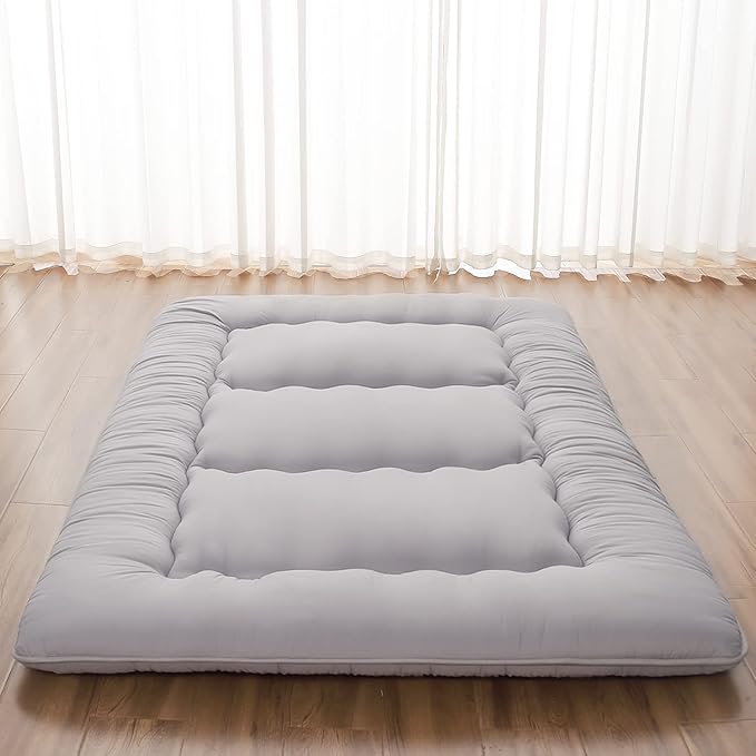 Japanese Floor Mattress, Futon Mattress with Portable Storage Bag and Washable Cover, Roll Up Thick Tatami Mat Suitable for Camping, Guest Room, Grey, Twin