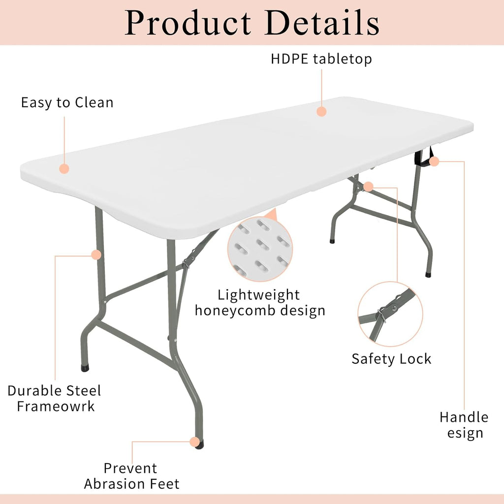 Set of 2 Folding Tables with Carrying Lightweight Rectangular Portable Plastic Camping Table Steel Legs for Party, Dining, Wedding, Events, Picnic, Outdoor (5FT, White)