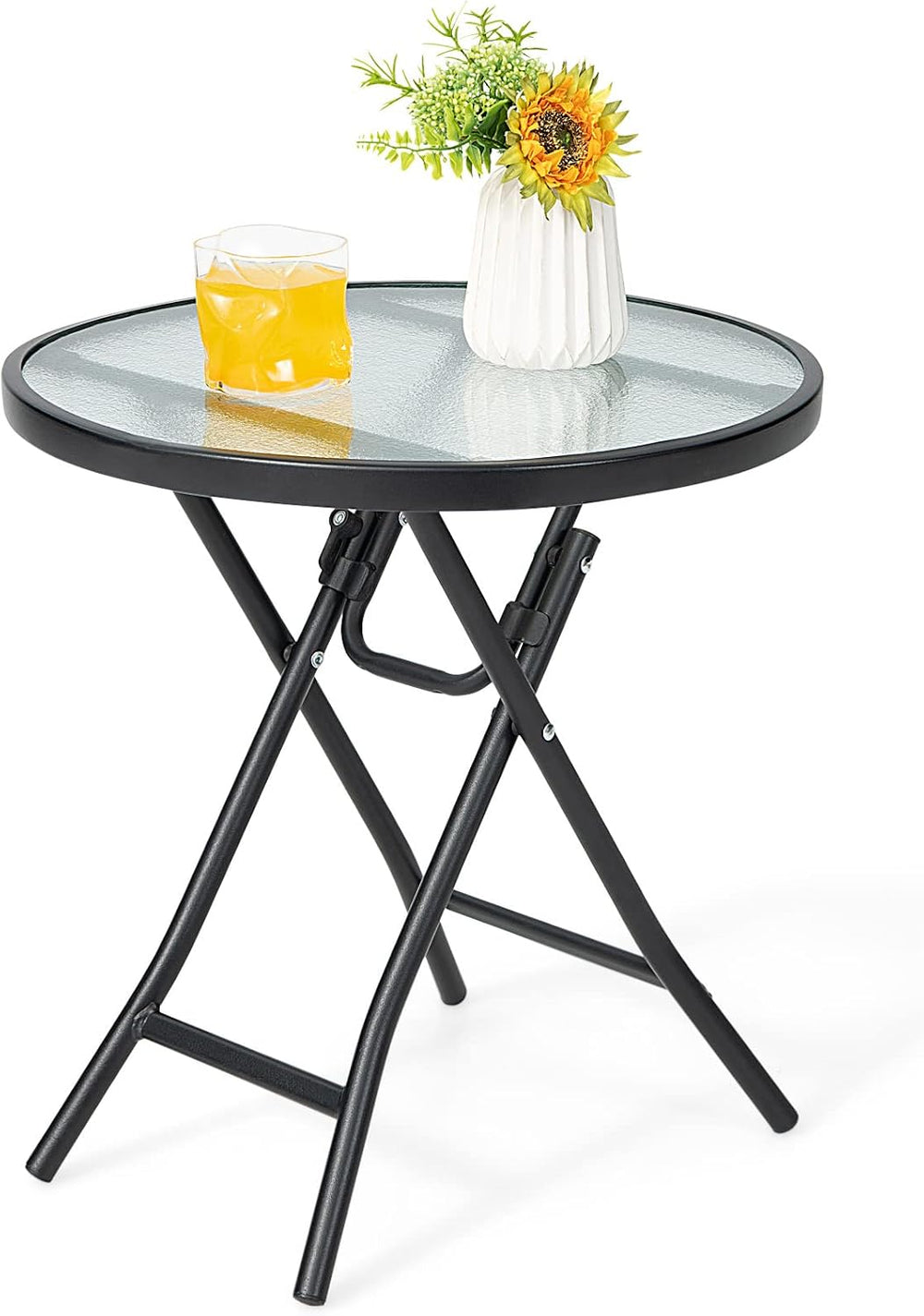 GIANTEX Round Folding Side Table, Patio Table w/Tempered Glass Tabletop