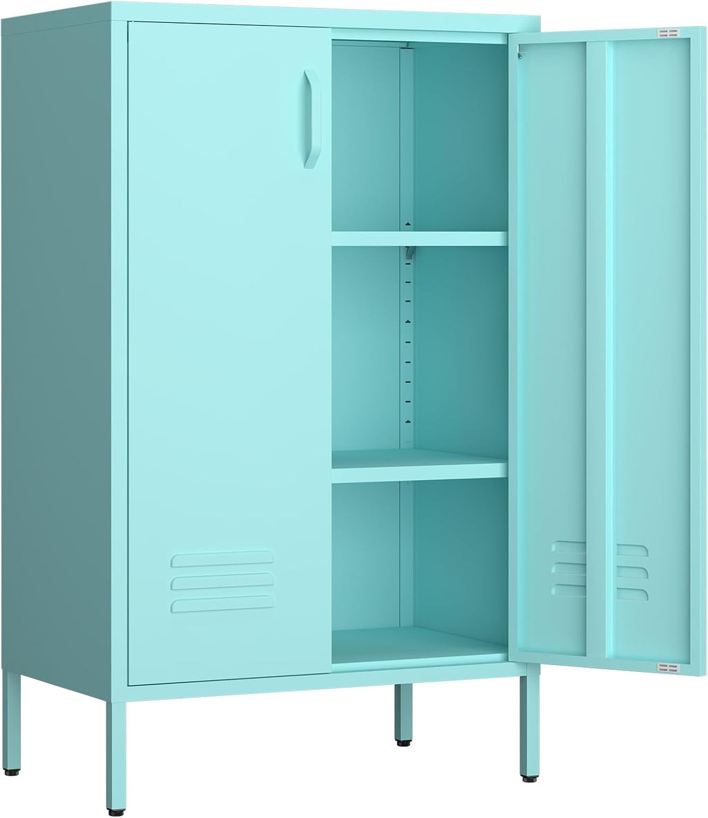 IRONFFICE Metal Accent Cabinet, Steel Cabinet Organizers and Storage, Metal Cabinet with Adjustable Shelves, 2 Doors Storage Cabinet for Living Room, Hallway, Office, Blue