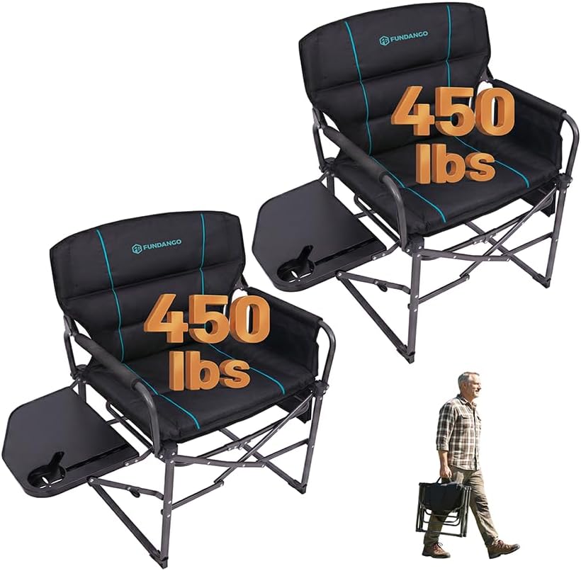 FUNDANGO Oversized Director Chair,Padded Camping Chair with Side Table