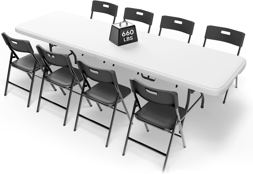 8FT Folding Table Set with 8 Chairs – Heavy-Duty 660 lb Table & 330 lb Ch...