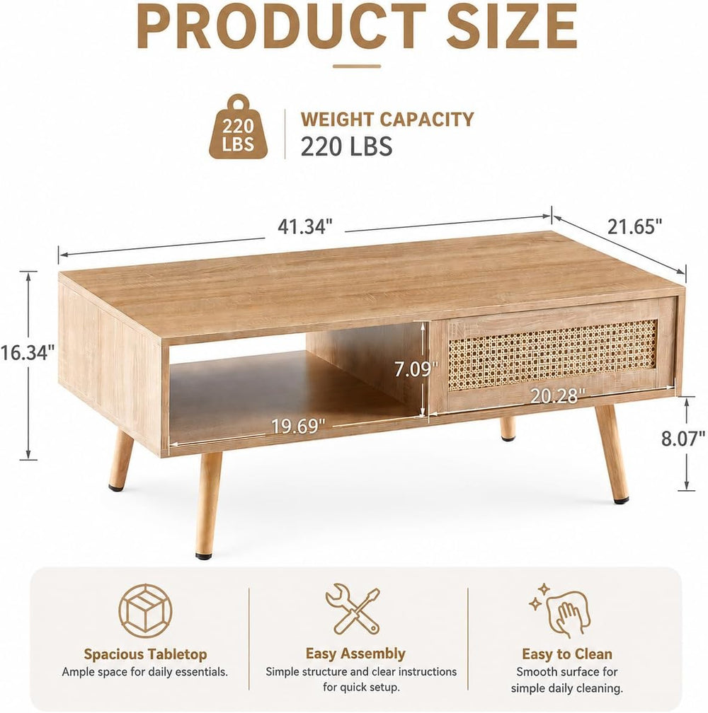 IANIYA 41'' Rattan Coffee Table with Storage, Boho Living Room Table