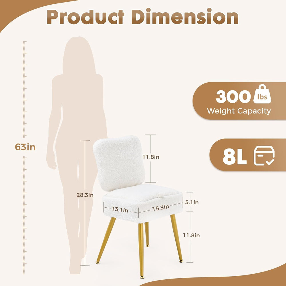 Small Vanity Chair with Storage & Folding Back, White Vanity Stool