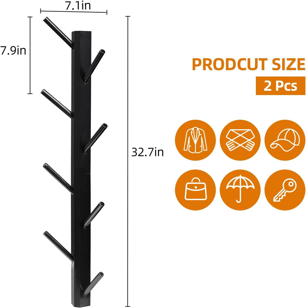 TIOPGHAD 2-Pack Vertical Wall Mount Coat Rack for Clothes and Hats, Black