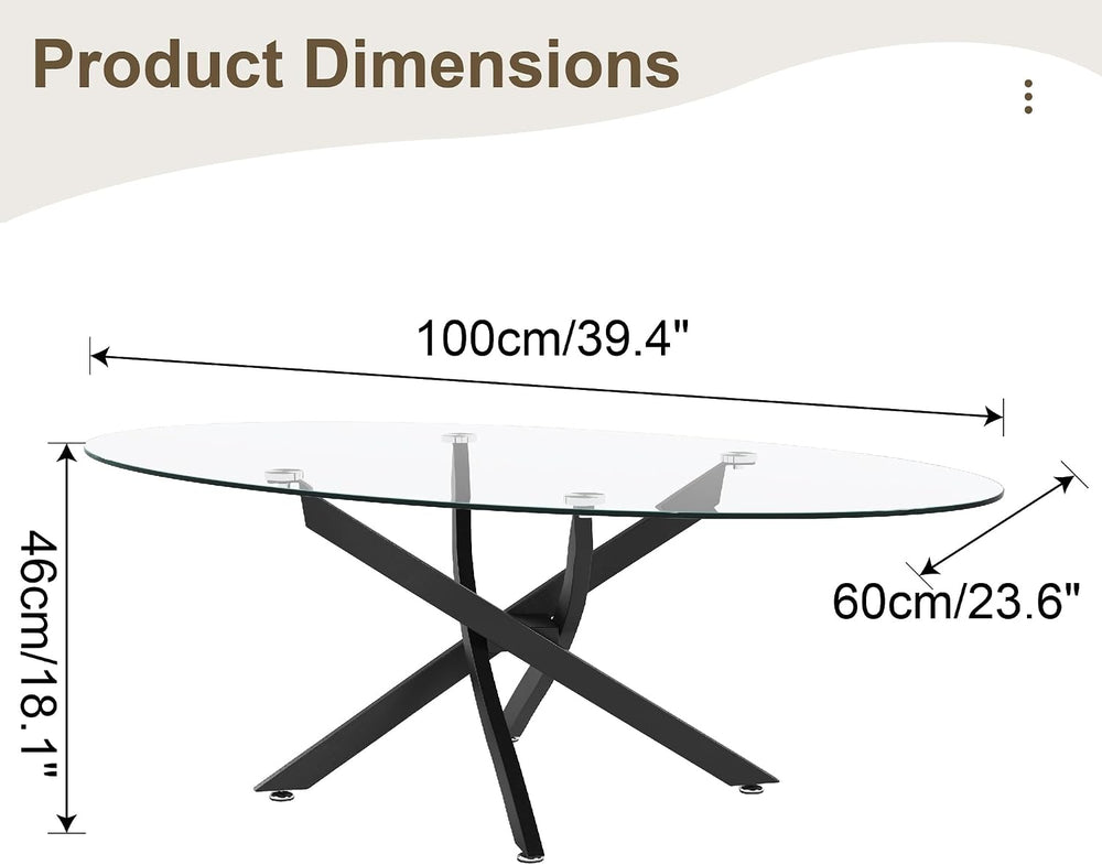 Henf Oval Glass Coffee Table, 39.4'' Transparent Top, Black Metal Legs