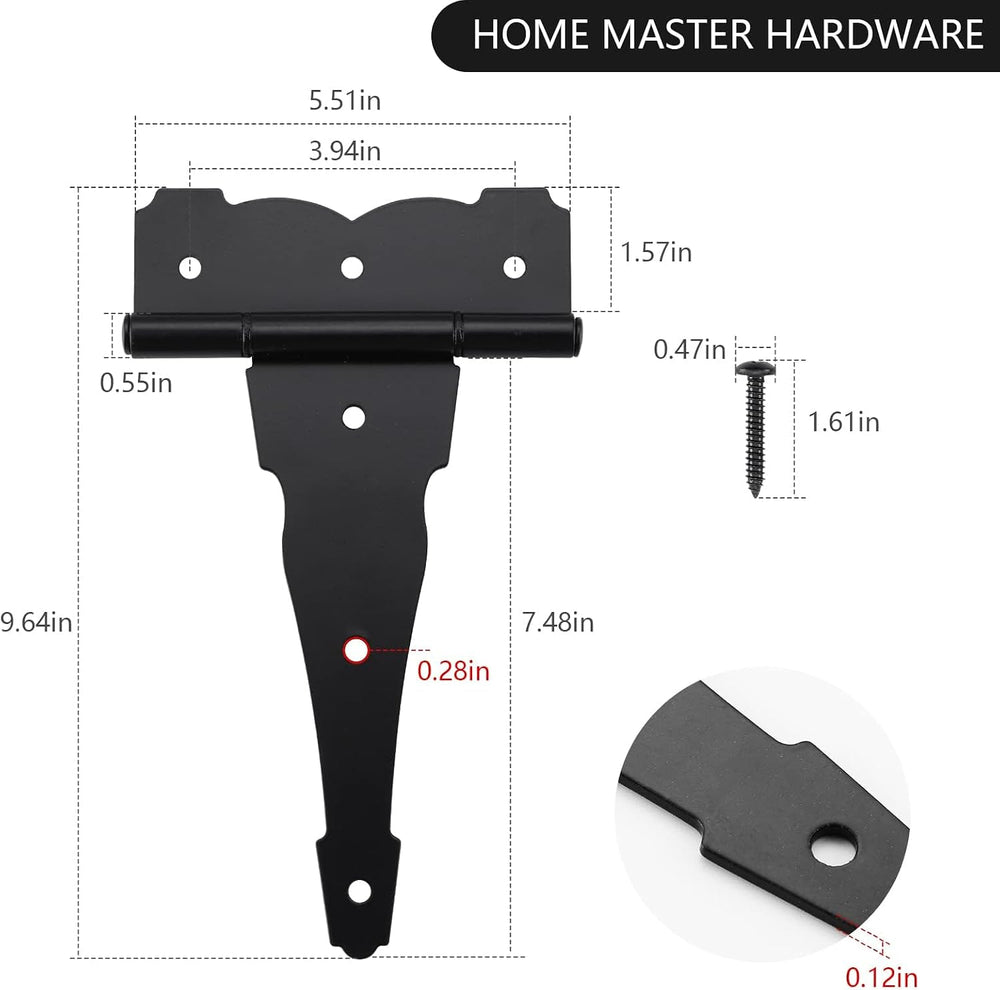 HOME MASTER HARDWARE 8" Heavy Duty Gate Hinges, 6 Pack Black T Strap Hinges
