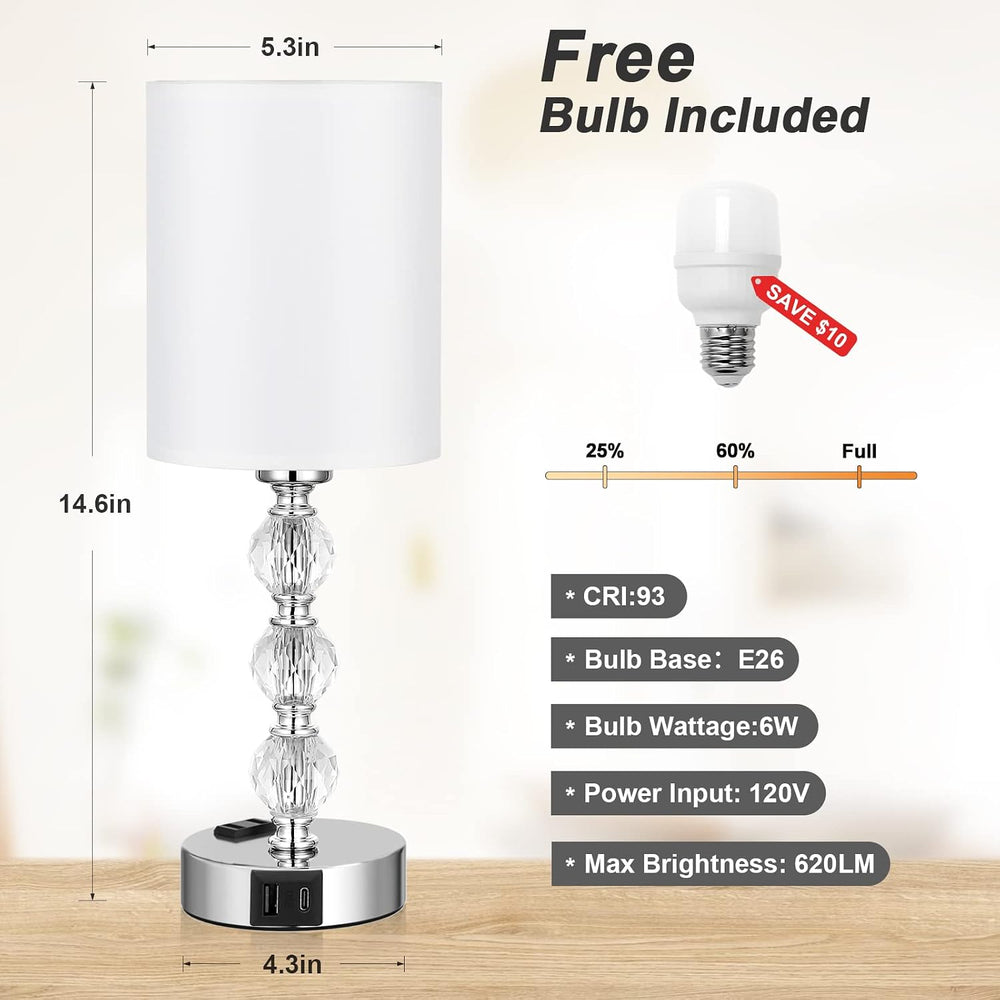 Crystal Touch Lamps for Nightstand, 3 Way Dimmable with Charging Station