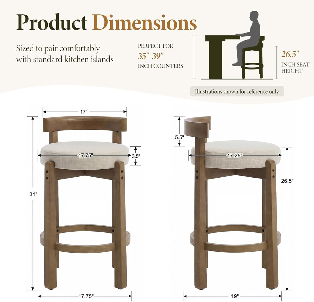 Ya-Home Mid-Century Bar Stools Set of 2, 26.5 Inch Linen Counter Height Uphol...