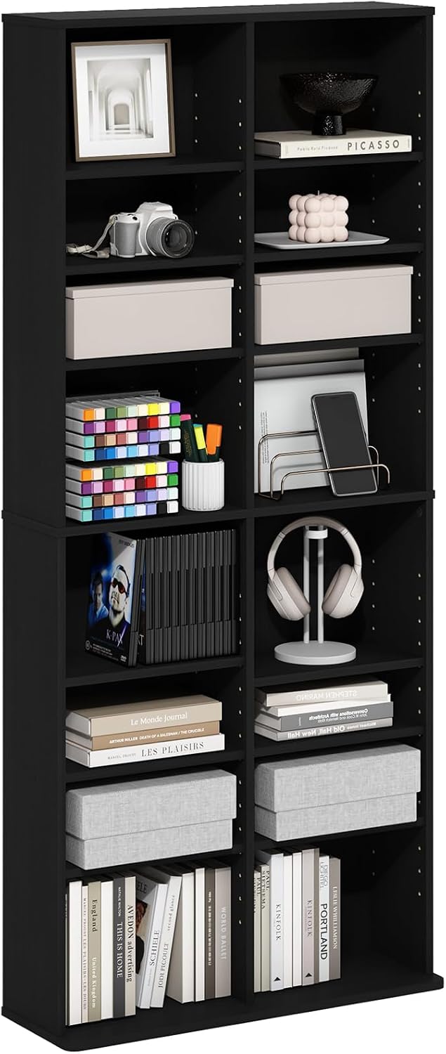 Furinno Jaya DVD Shelf, 16-Shelf Wide CD Rack, Media Shelf with Adjustable Sh...