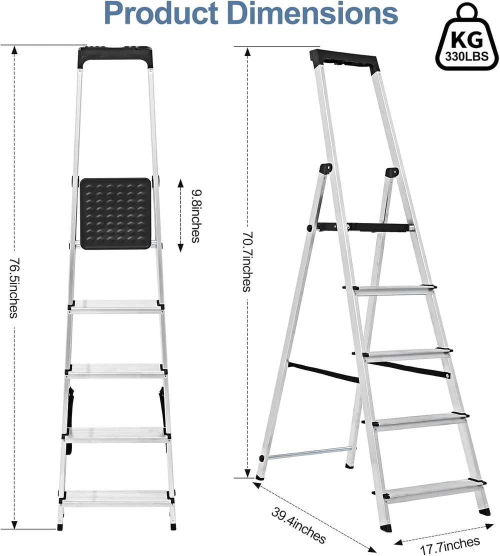 DUMOS 5 Step Ladder, 330lbs Capacity Folding Aluminum Step Stool