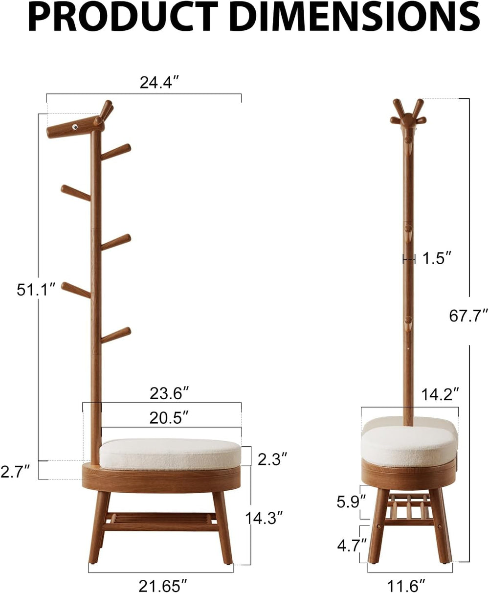 AQIMUELE Shoe Bench with Coat Rack, Shoe Rack with 9 Hooks, Walnut