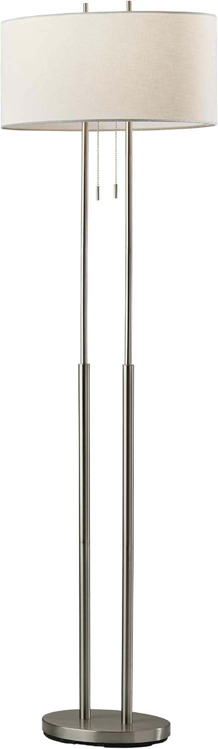 Adesso 2-Light Floor Lamp, Brushed Steel & Ivory, Dual Pull Chains, 62”