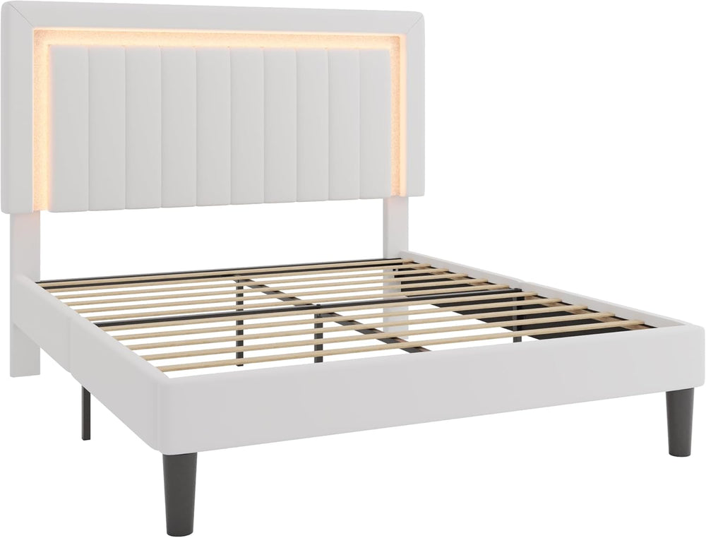 SHA CERLIN Full Size Velvet Bed Frame with LED Light, White