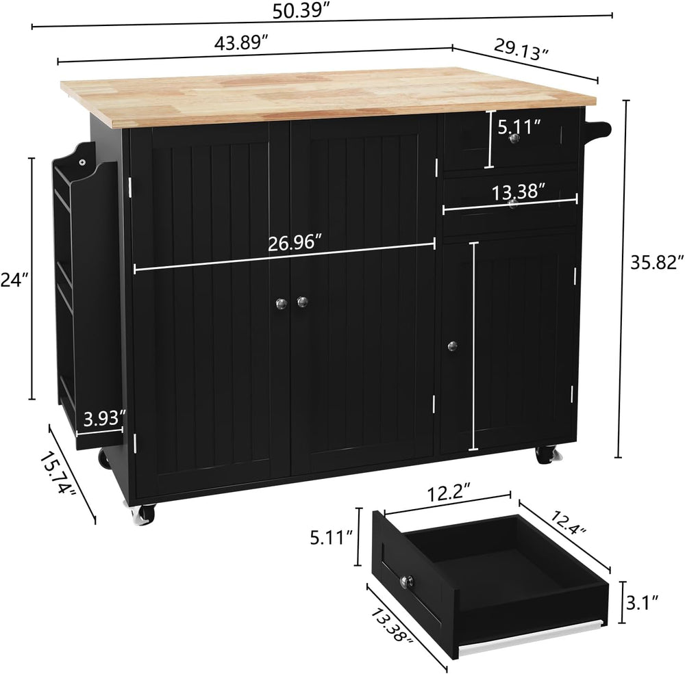 HLR Kitchen Island with Storage, Black Rolling Kitchen Island on Wheels with ...