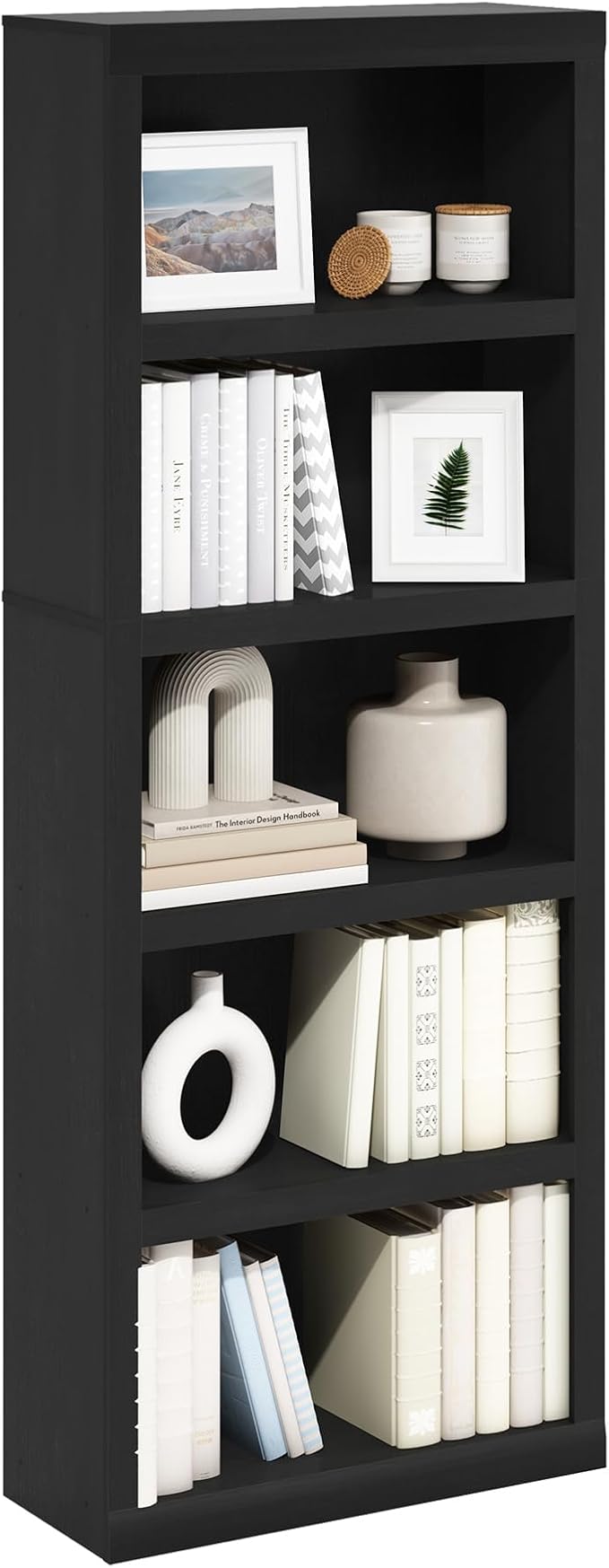 Furinno Rail 5-Tier Open Shelf Bookcase with Classic Style Edges, Blackwood