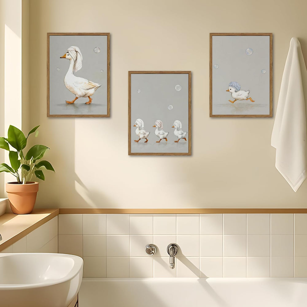 Cute Goose Bathroom Wall Art Set of 3, Funny Duck Bath Wall Decor Painting, W...