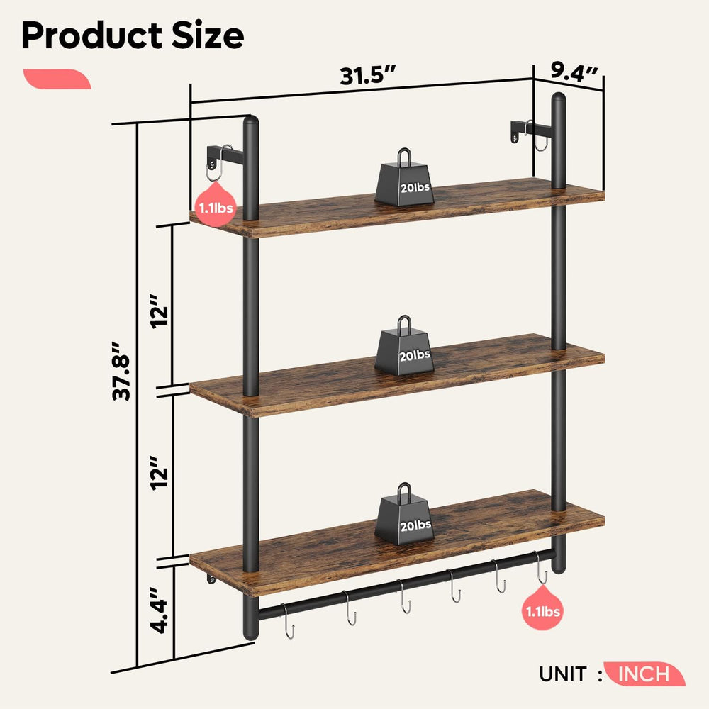 Bestier 3 Tier Industrial Pipe Shelving, Floating Book Shelves for Wall, Stor...
