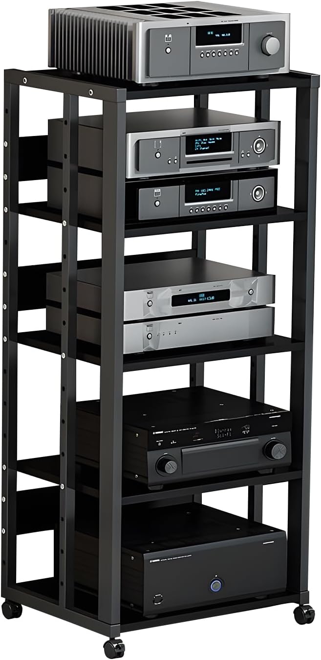 5-Tier AV Media Stand with Wheels, Modern Mobile Stereo Cabinet