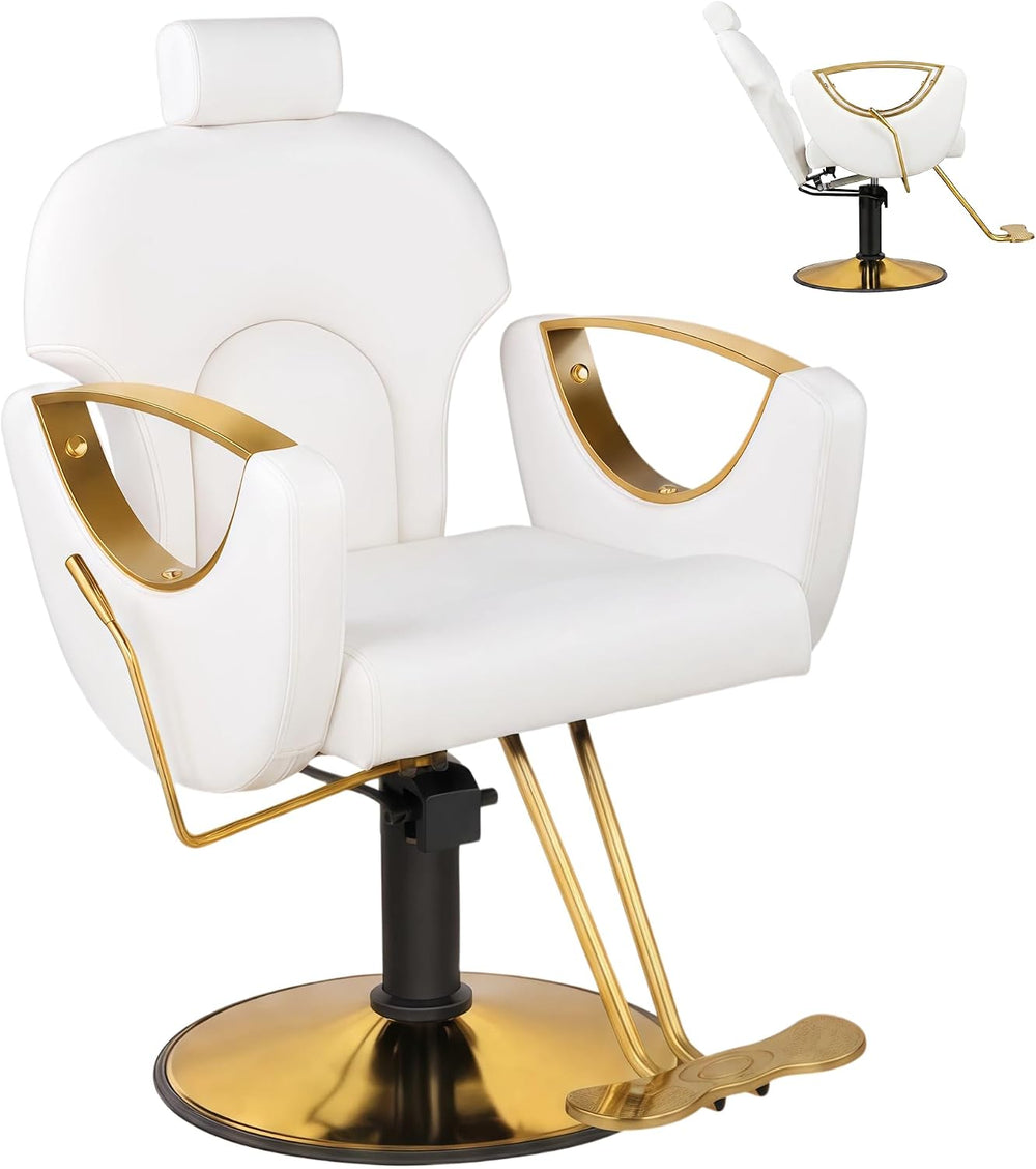 Salon Barber Chair for Hair Stylist, White Styling Chair with Height‑Adjustab...