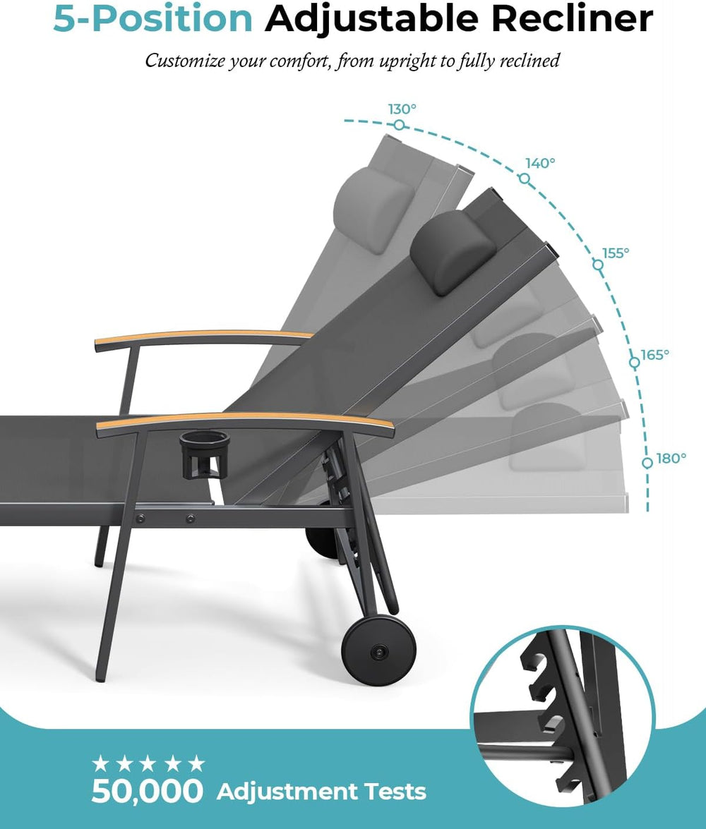 Ciokea Outdoor Lounge Chair with Pillow, 5-Position Aluminum Chaise Lounge wi...