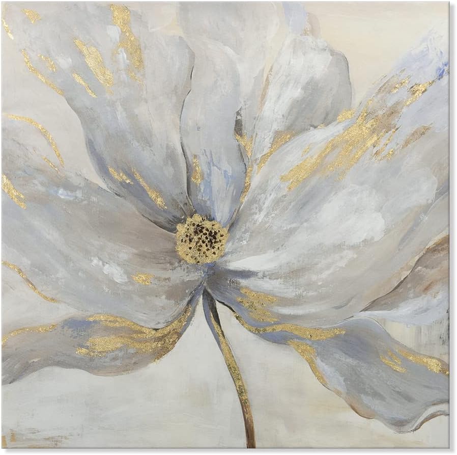 Goldfoilart Floral Wall Art Gold Flower Canvas Pictures with Foil Embellishme...