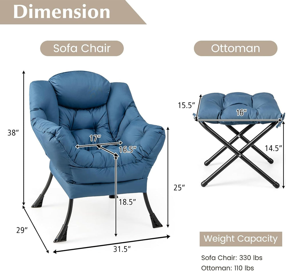 Upholstered Lazy Chair with Ottoman, Armrests & Side Pocket