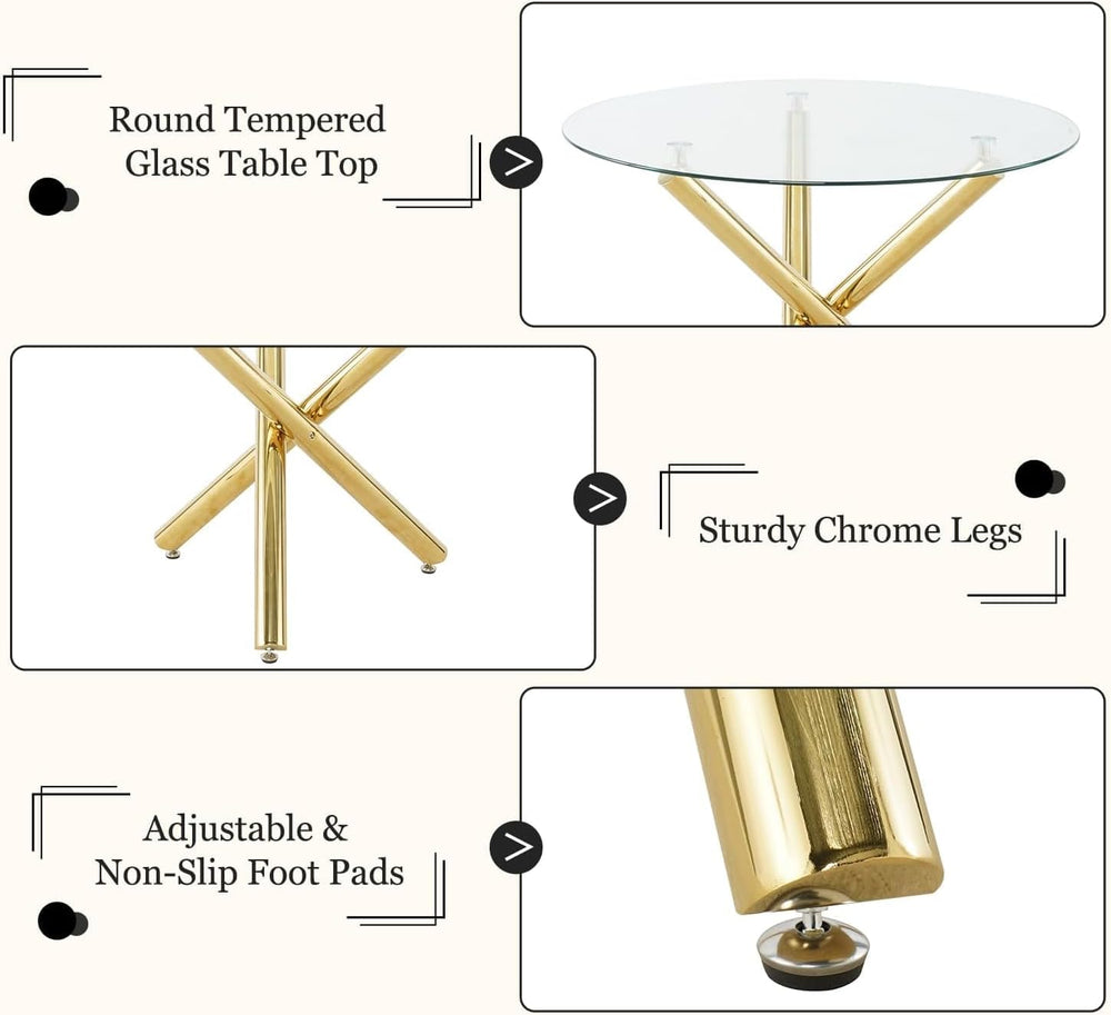 39'' Round Glass Dining Table Set for 4, Gold Modern Kitchen Table wi...