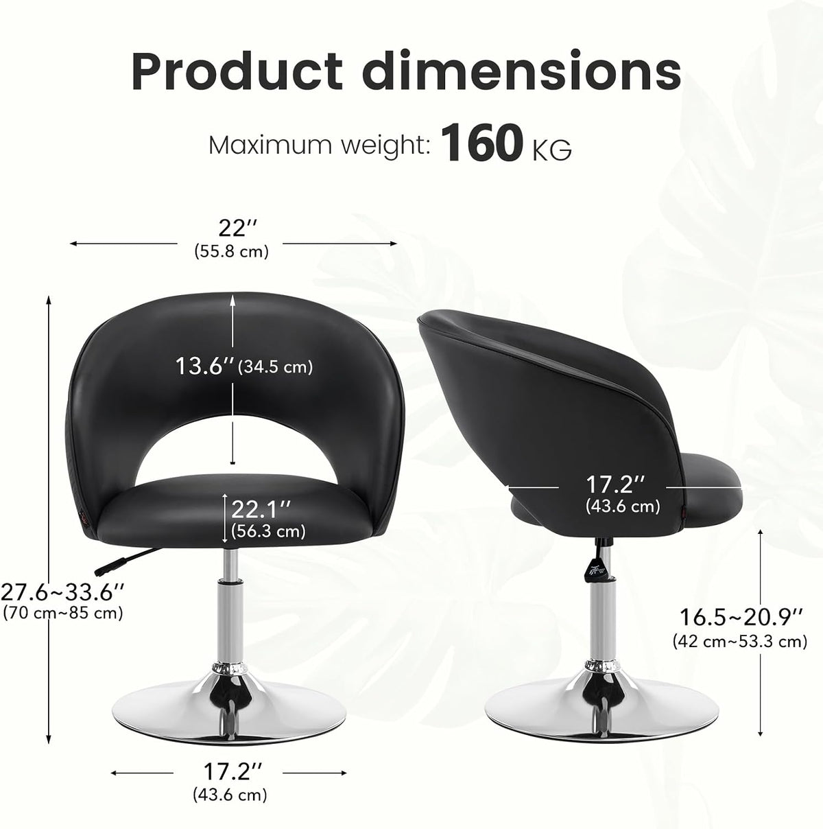 Furniliving Vanity Chair with Arm, PU Leather Chair for Vanity, Swivel Accent Chair, Adjustable Height Makeup Chair with Chrome Base, Living Room Chair for Bedroom, Makeup Room, Study Room, Black