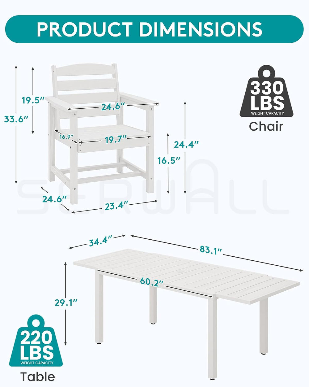 SERWALL 60" - 83" Expandable Outdoor Dining Table and 6 HDPE Chairs...