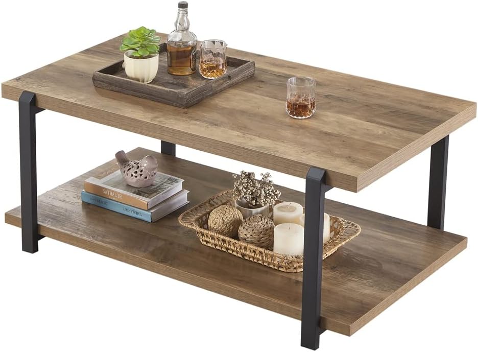 FOLUBAN Industrial Coffee Table with Shelf, Wood and Metal Rustic Cocktail Ta...