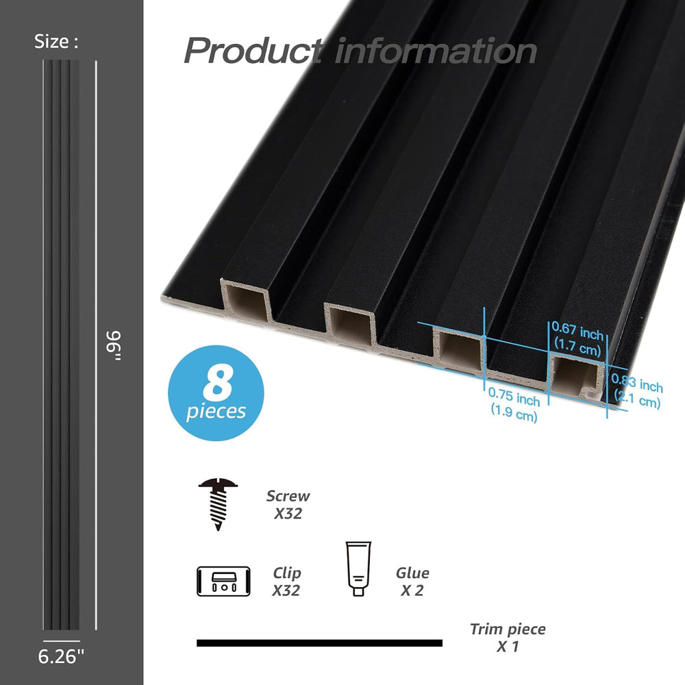 Art3d 96 x 6 Inch WPC Wood Diffuser Slat Wall Panel, 8-Pack, Matte Black