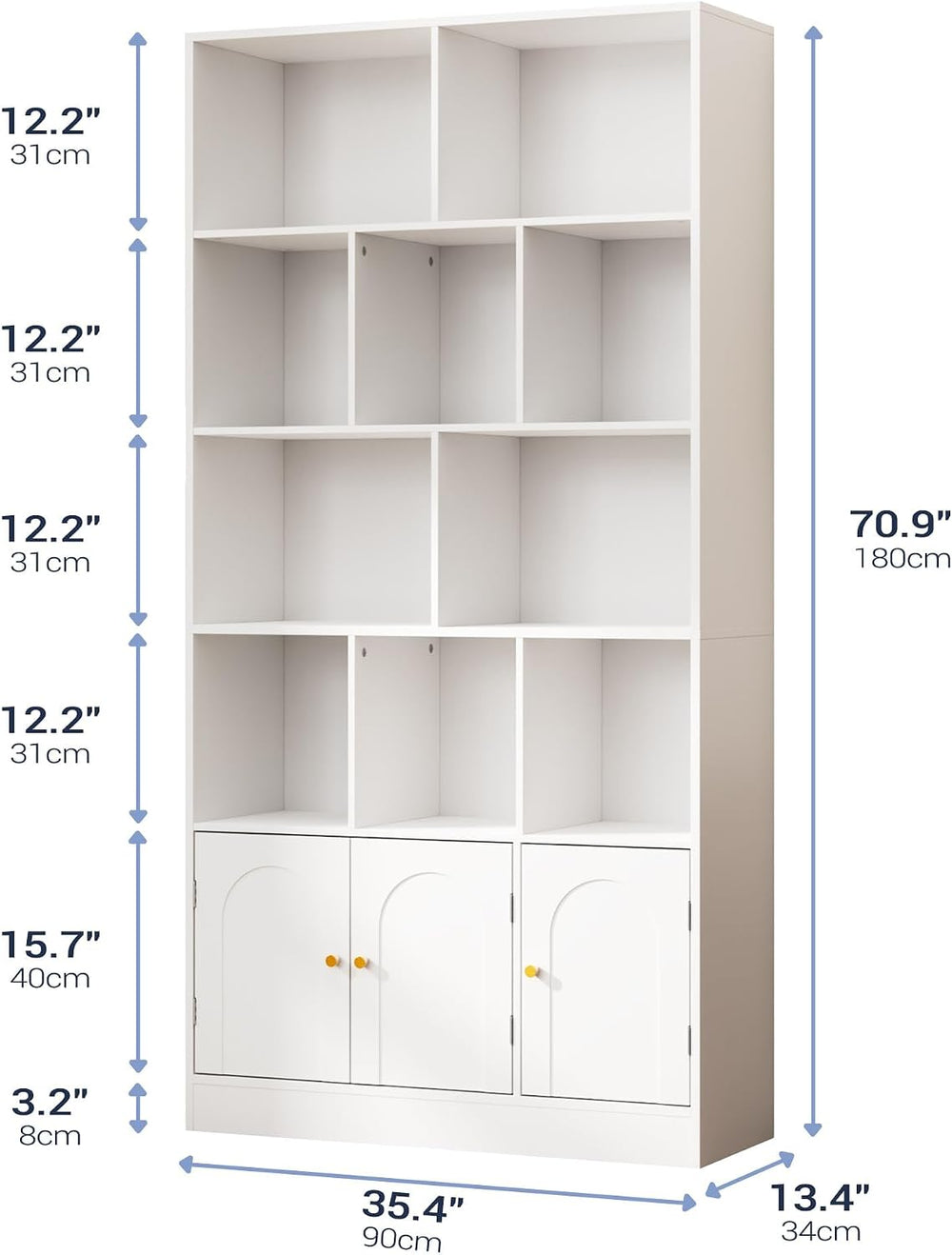 Housoul 71" Tall Bookshelf, Bookcase with 10 Cubes and 3 Doors, White